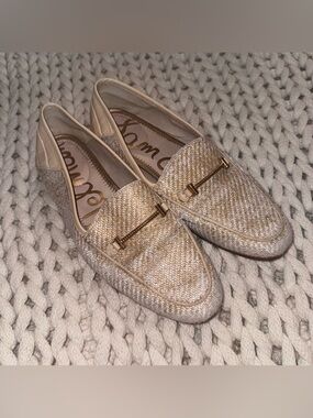 Sam Edelman Neutral Woven Loafers with Gold-Tone Bar